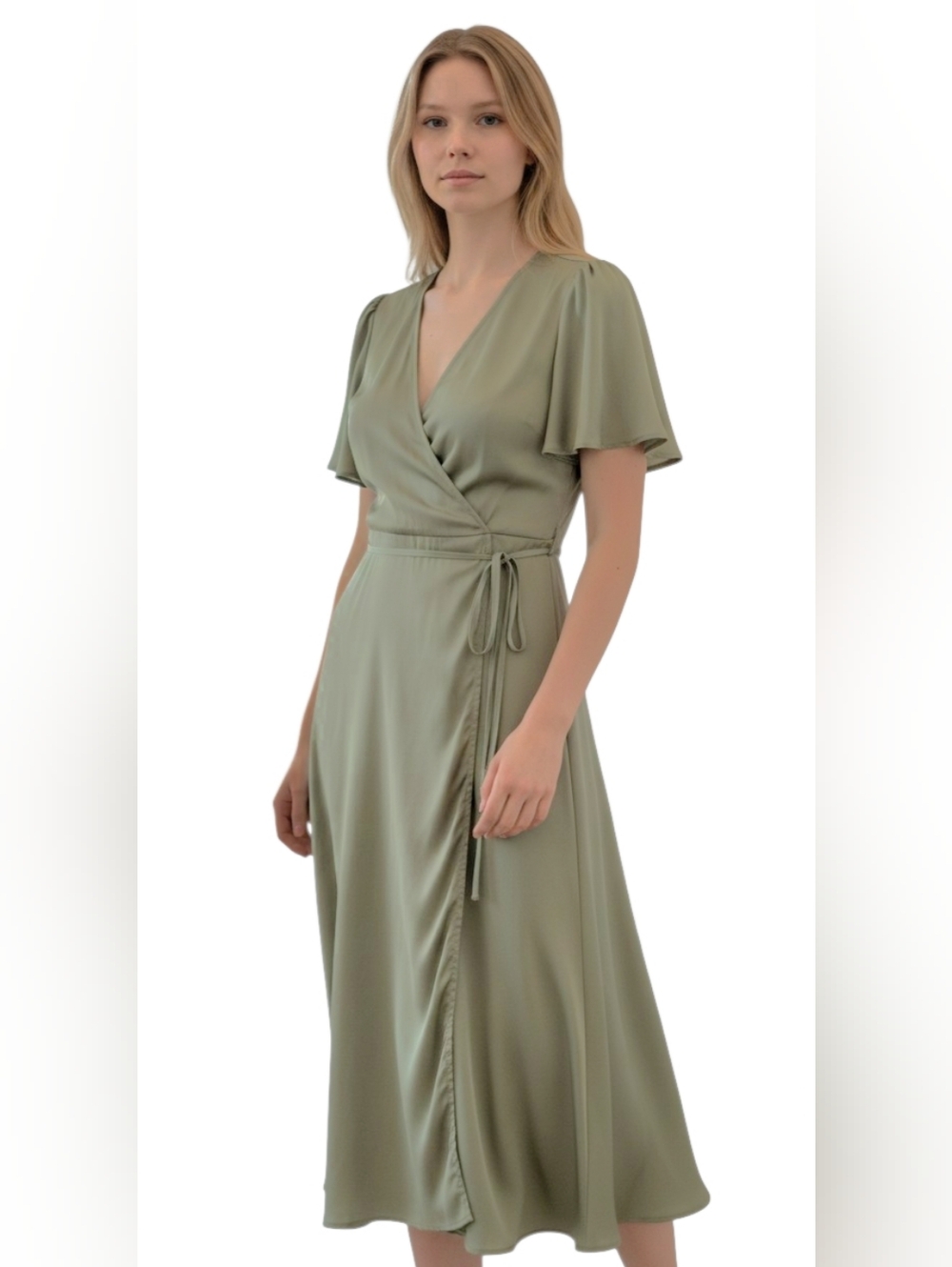 NWT Sage Green Satin Wrap Midi Dress Flutter Sleeve Wedding Guest S RESET